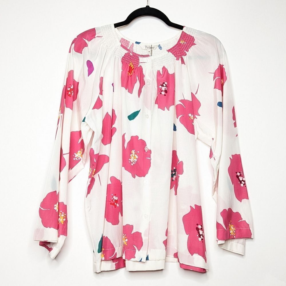 Tucker NYC Flare Sleeve Classic Blouse Blush Poppies in Silk Cotton Top Floral